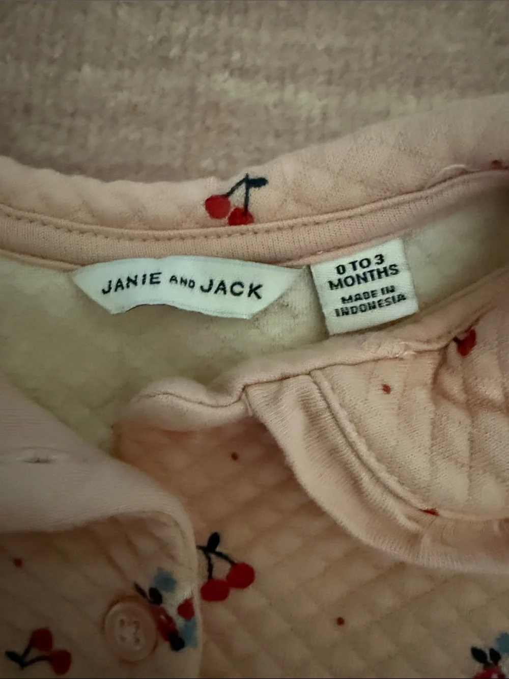 Janie and Jack Peach Quilted Jacket with Red Cherry Print. Never worn.